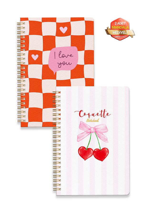 Notisyon-A5 Spiral Notepad Set of 2 – Lined & Unlined, 148 Pages, Cherry Pattern, School Notebook 1