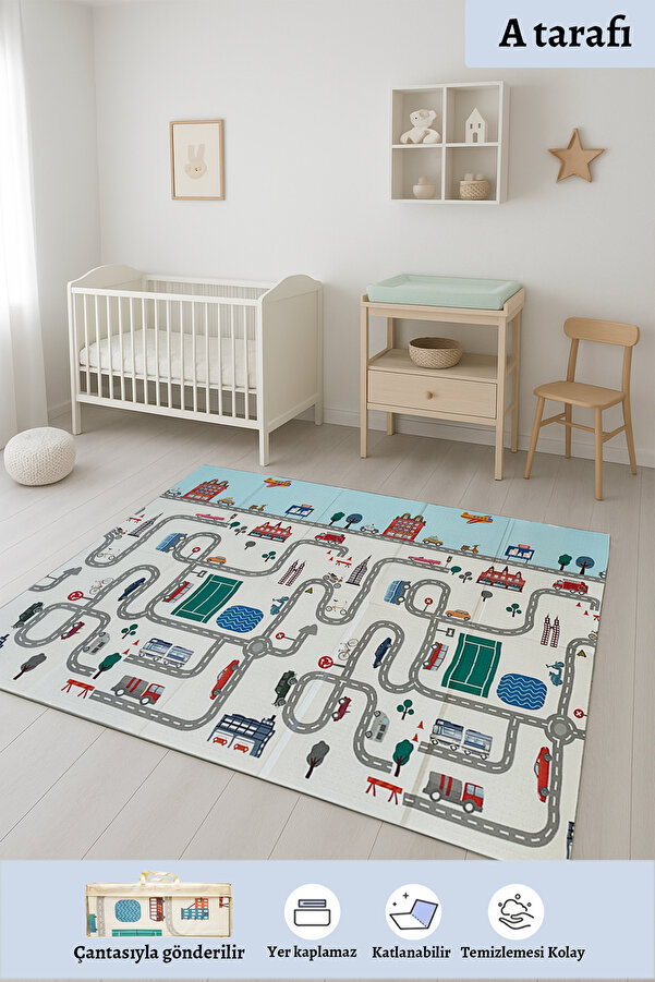 PINKIE HOME Premium Yol Desenli-Hayvanlı Çift Taraflı Katlanabilir Oyun Mati Oyun Halısı 150x200