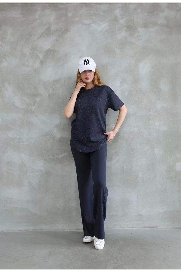 CVS-Osy Modal Soft Textured Fabric Crew Neck Stone Detailed Short Sleeve Set - Smoked 1