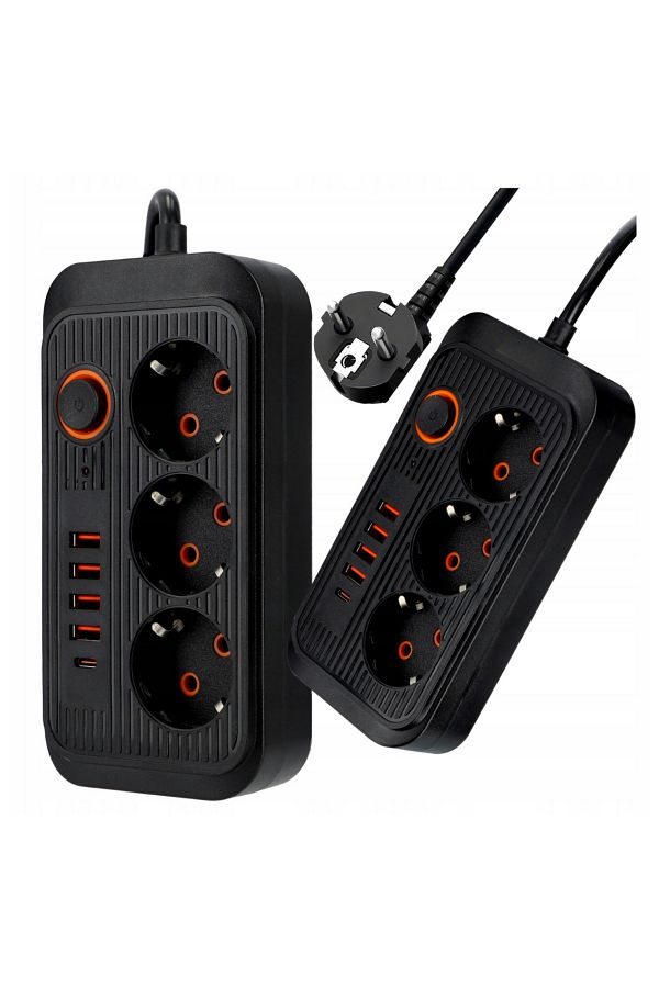 SML-Multifunctional extension cord, 3 sockets + 5xUSB, 2 meters, black 1