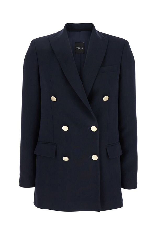 PLAIN-Blue Double-Breasted Jacket With Golden Buttons In Cady Woman 1