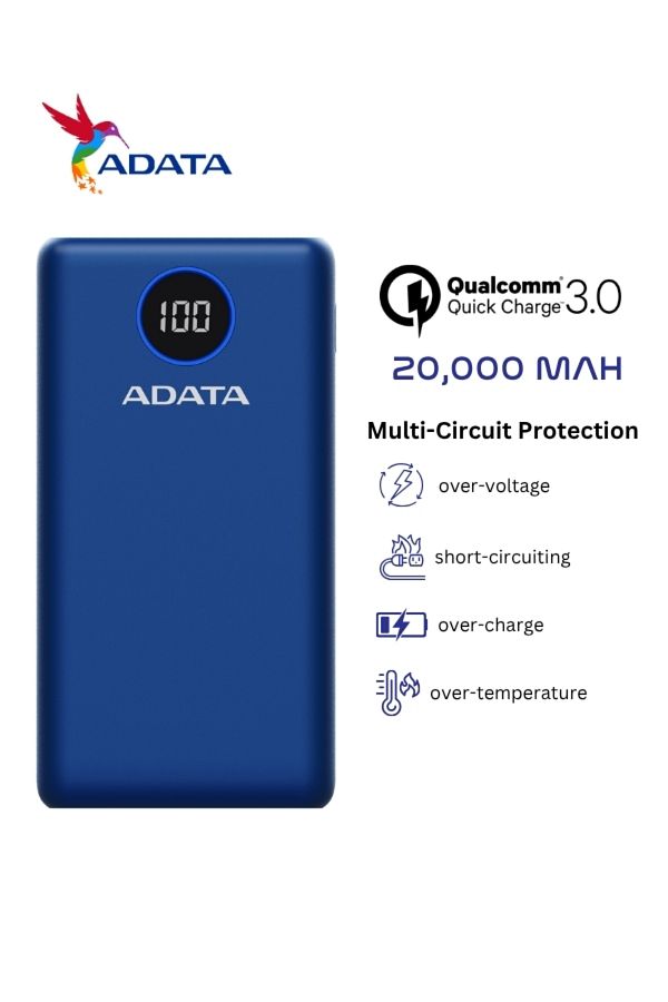 Adata-Power Bank P20000QCD | 20,000 mAh | Fast Charging Qualcomm QC 3.0 USB Type-C and Type-A | 18 watt 1