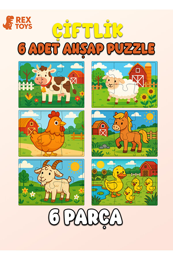 Rex Aksesuar Çiftlik Hayvanları Temalı Eğitici Ahşap Puzzle | Koyun, Tavuk, At, Keçi, Ördek, Civciv | 3-6 Yaş