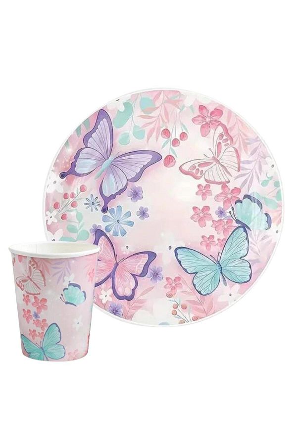 Le Mabelle-Pink Butterfly Patterned Set of 8 Plates and Cups 1