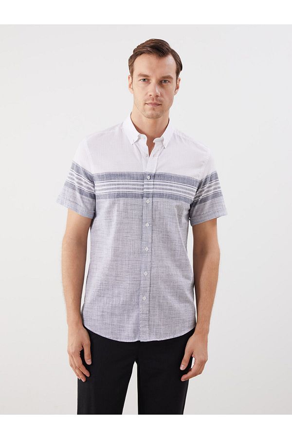 LC Waikiki-Green Regular Fit Short Sleeve Striped Poplin Men's Shirt 1
