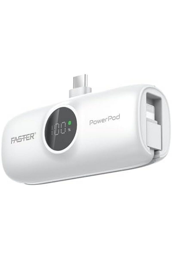 Faster-S5K PowerPod Mini Power Bank 5000mAh - 20W Fast Charging, LED Display, USB-C, Built-in iPhone 1
