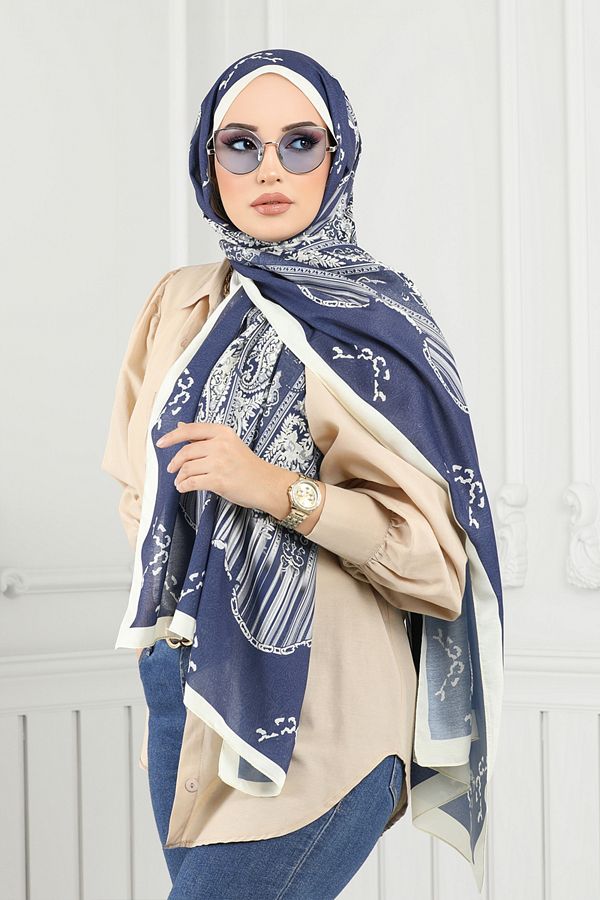 ModaMerve-Ethnic Pattern Soft Shawl Series 139Ipk1145-M Pattern1 Navy 1