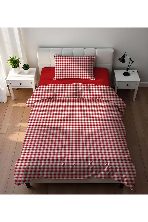 Evmila-Double Sided Red Gingham Patterned - Printed Single Duvet Cover Set 1