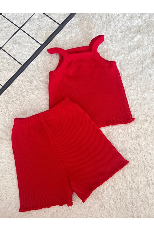 BAHNUR Bebek Kırmızı Fitilli Ribana Crop Takım Alt-üst Yazlık Şort Takım