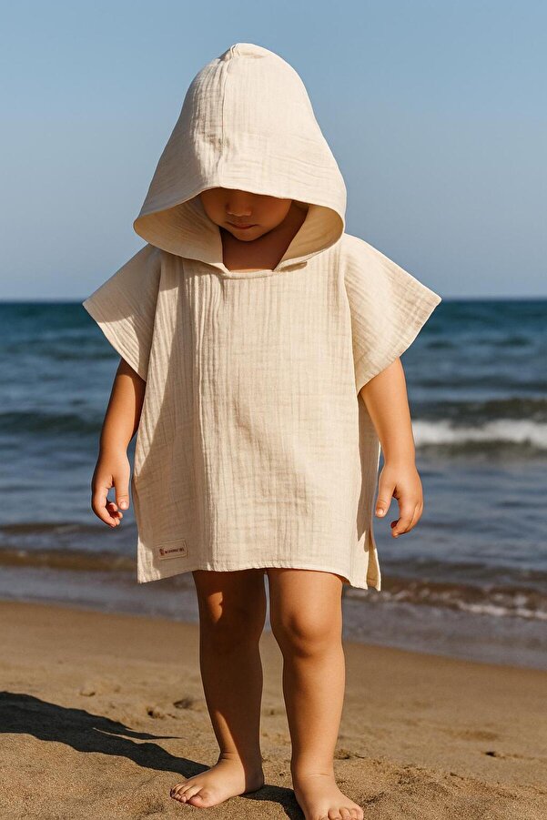 GÜNEŞ KİDS Organik %100 Pamuk Müslin Kapşonlu Plaj Çocuk Bebek Panço Bornoz Banyo Havlu