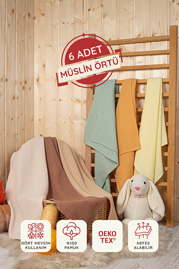 LUCKKA 6'lı Çok Amaçlı Müslin Bez, Örtü, Battaniye Seti Unisex Renkli %100 Pamuk - 75x75 Cm - Ztc100