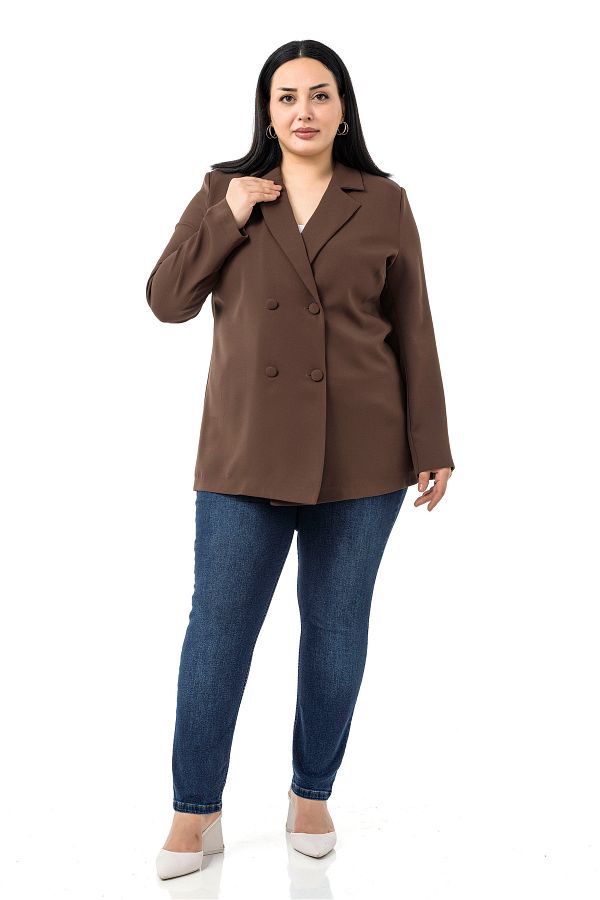 DISENTIS MODEST-Plus Size Covered Button Double Breasted Brown Unlined Jacket 1