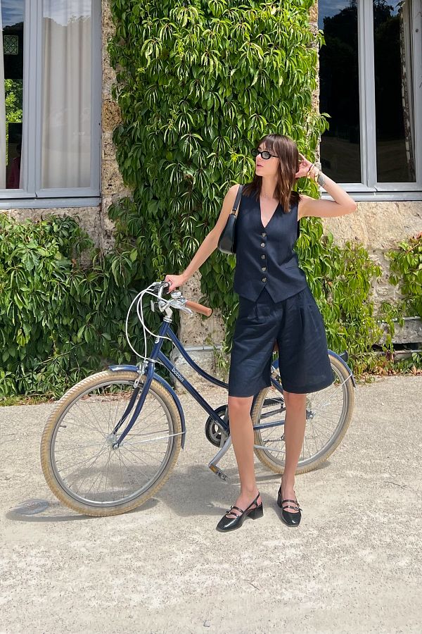 Antioch-Navy Blue Linen Blended Women's Tailor Vest 1