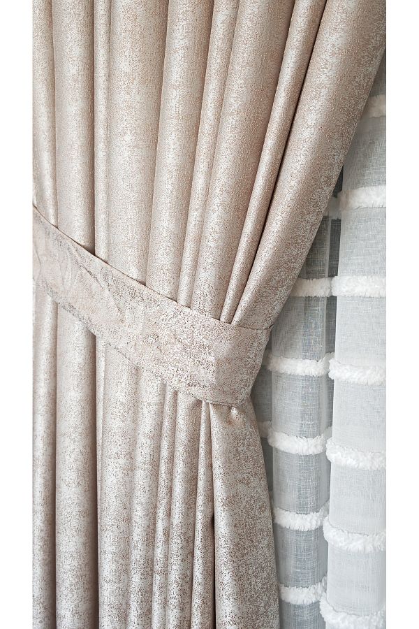 Yuka-Trojan Beige Double Wing Sparse Pleated Jacquard Satin Textured Background Curtain with Bright Pattern 100 X 260 1