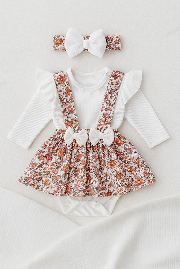 caliskanonline Fiyonk Detaylı Bandana Aksesuarlı 3lü Kız Bebek Elbise