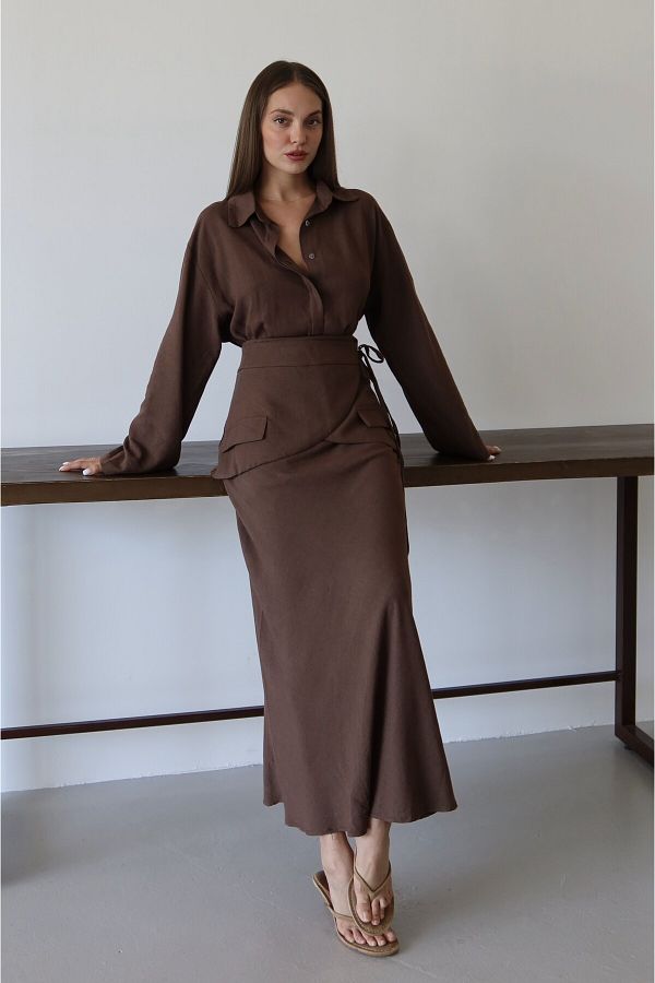 Laluvia-Brown Skirt Belted Skirt Shirt Suit - 8763 1