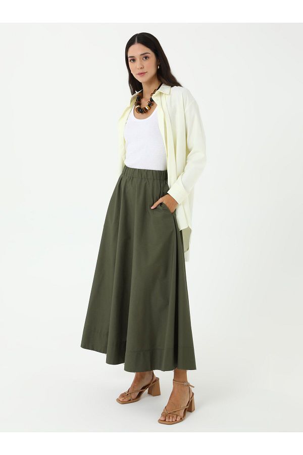 Benin-Elastic Waist Cotton Basic Poplin Skirt - Khaki - Benin 1