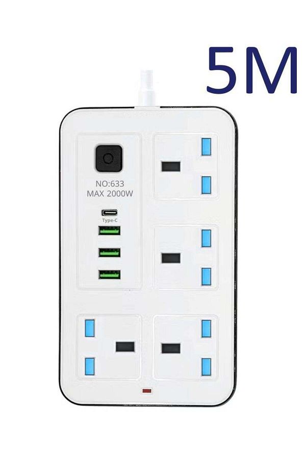 Generic-سلك تمديد عالمي بطول 5 أمتار مزود بـ 4 مقابس طاقة و3 فتحات USB 1