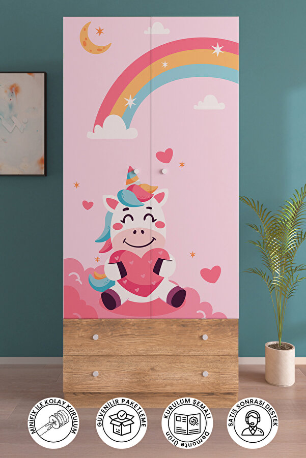 hediye kapında Unicorn Dreams Gardırop 5 Raflı 2 Çekmeceli 2 Kapaklı Askılı Elbise Dolabı-Ahşap