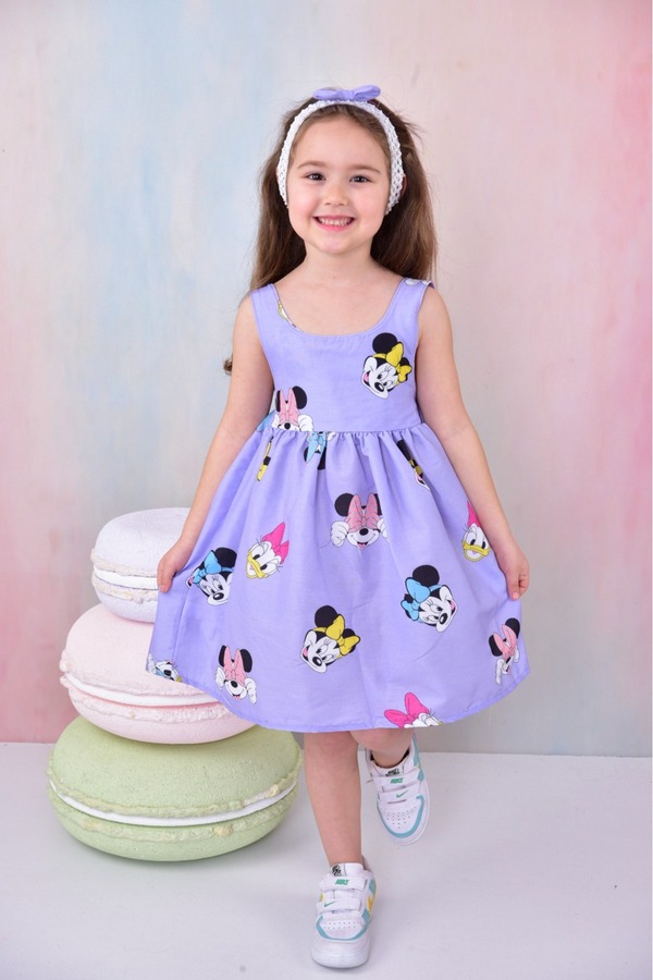 BUUFUU Kız Bebek Çizgi Film Kahramanları Baskılı Elbise Fiyonklu Ve Bandanalı 6-24 Aylık