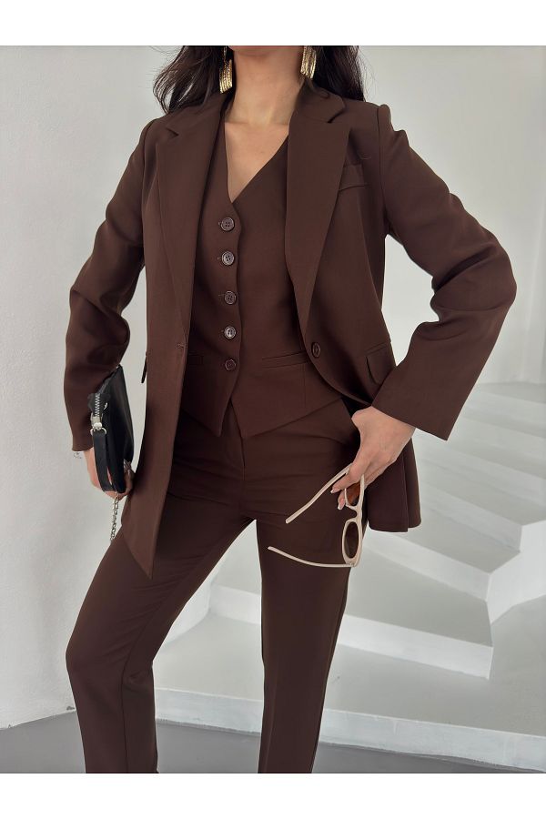 MYGİYİMİSTANBUL-Jacket Vest Slim Leg Pants Waist Elastic Detail 3 Piece Suit 1