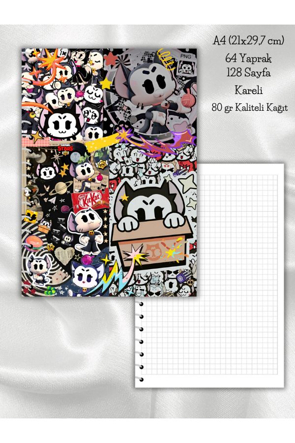 daily notebook-Kit Brawl Stars Checkered School Notebook,64 Sheets Spiral A4 Large Size (21X29,7 cm) Size 1