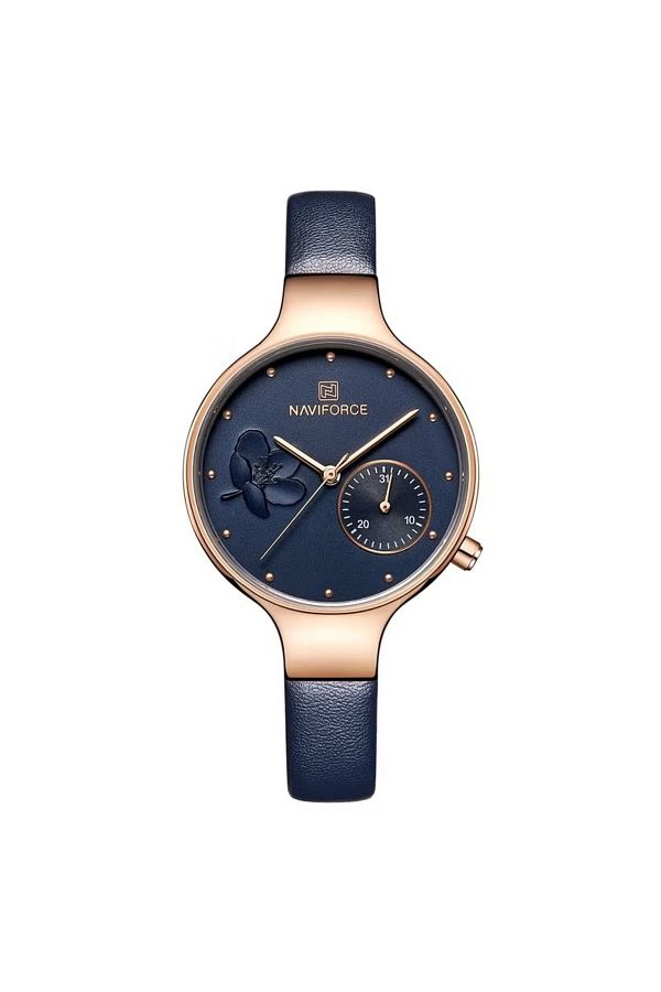 Naviforce-Elegant Women's Quartz Watch Stylish Round Dial with Floral Embossed Design Sub-Dial Display 1