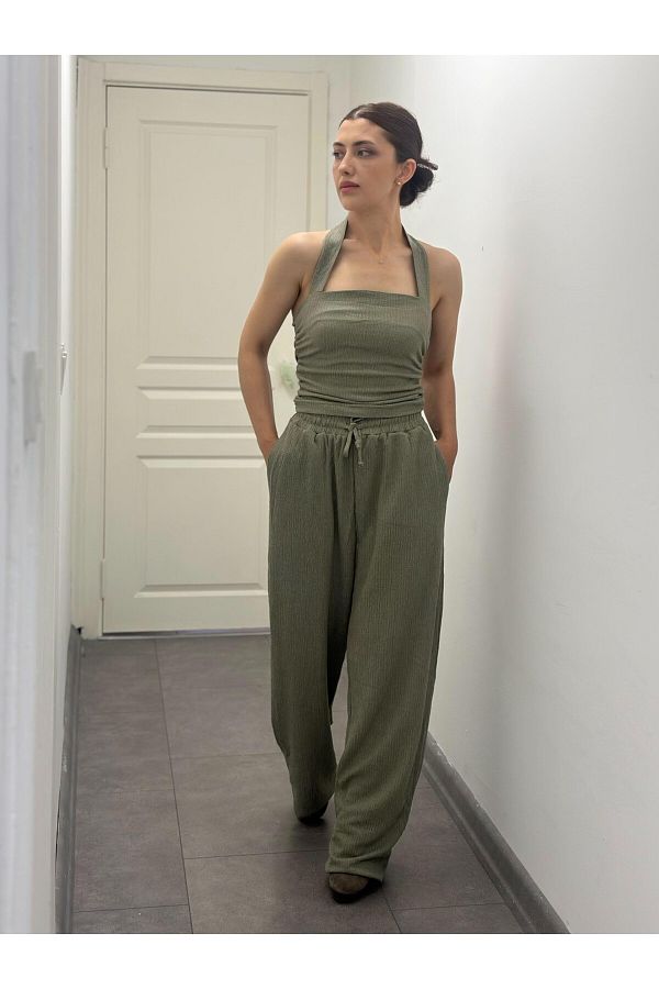 soBasic-Textured Blouse and Pants Set 1