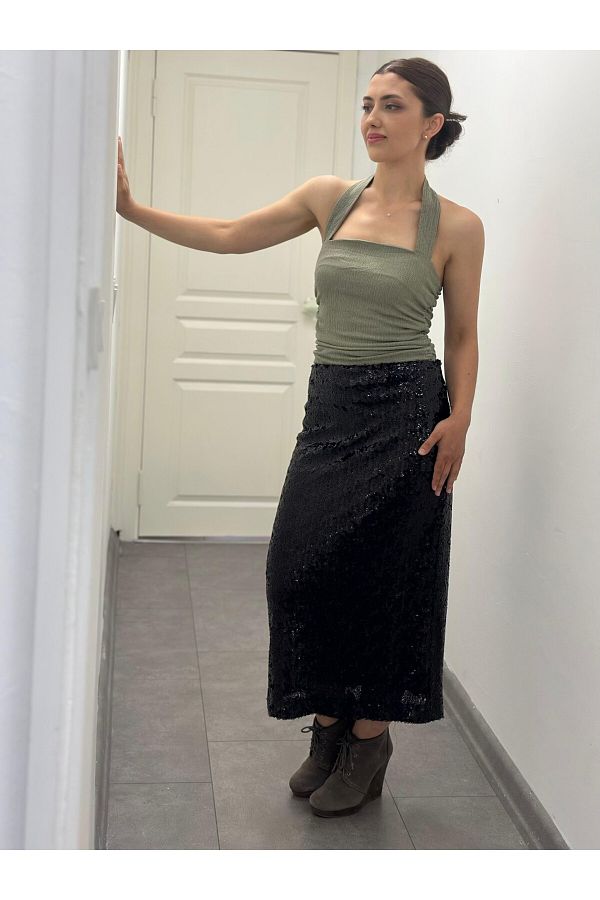 soBasic-Sequin Long Length Lined Slit Side Zipper A-Line Skirt 1
