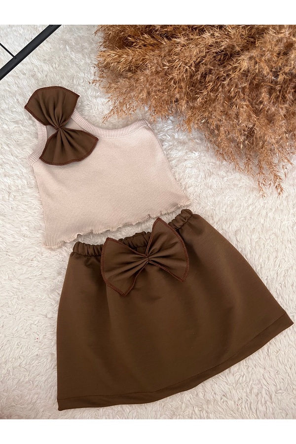 BAHNUR KAHVERENGi BEBEK ÇOCUK TEK KOL CROP ETEK SETi TAKIMI YAZLIK TAKIM