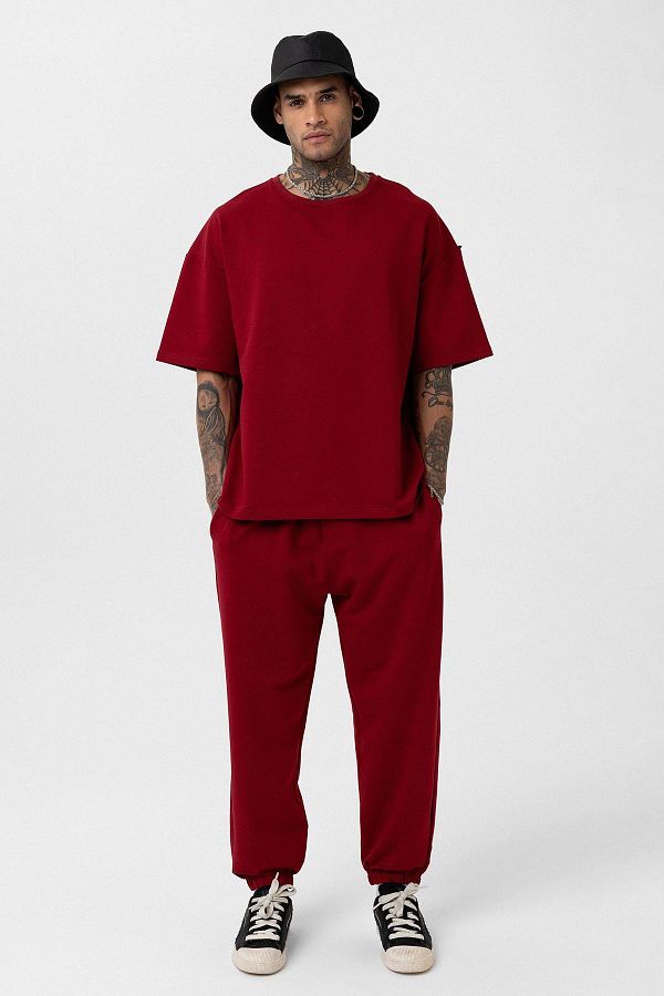 VAMOSCLO-Basic Oversize Tracksuit Set with Elastic Legs Claret Red 1