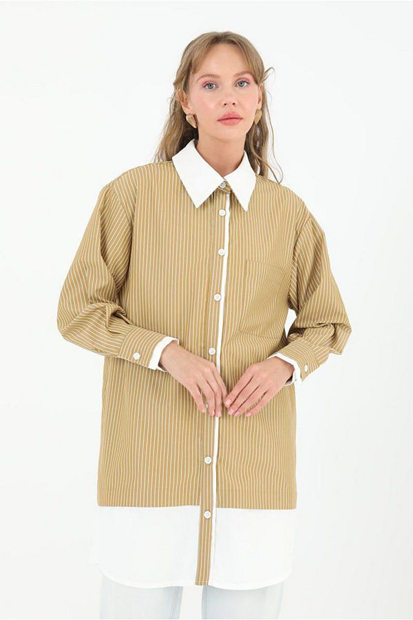 Moda Rosa-25Y4309 - Camel - Striped Poplin Shirt 1