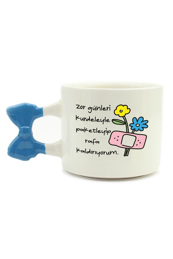 PALTO TASARIM-I Pack the Difficult Days with a Ribbon and Put Them on the Shelf. Handmade Cream Shiny Ribbon Handle Mug - Hand Work 1