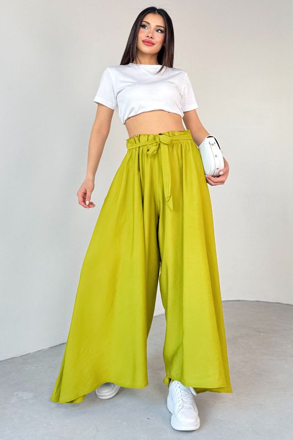 Cappmoda-Pnt-07410 Pistachio Green Blue Woven Belted Shalwar Skirt Trousers 1