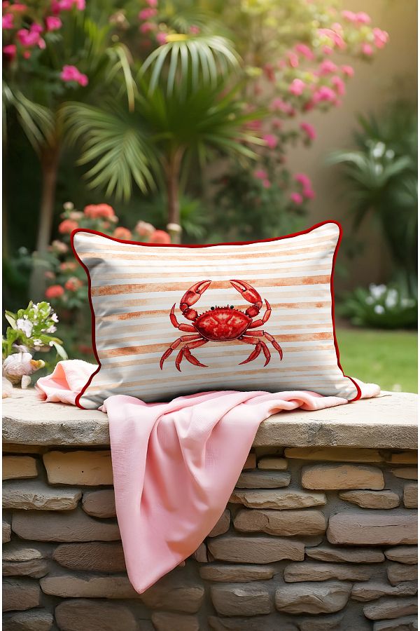 CANİLA-Rectangular Kirlent Case with Crab Pattern. Double-Sided Decorative Kirlent with Hidden Zipper 1