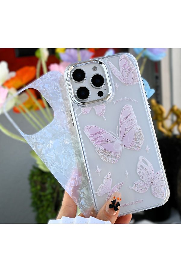 Go Aksesuar-iPhone 16 Promax Compatible 2in1 Silicone Case with Butterfly Print Design 1