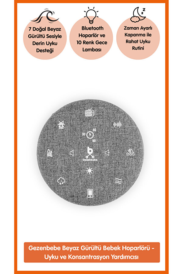Gezenbebe Beyaz Gürültü Uyku ve Konsantrasyon Destek Cihazı – 10 Renk Gece Lambası & Zaman Ayarlı Hoparlör