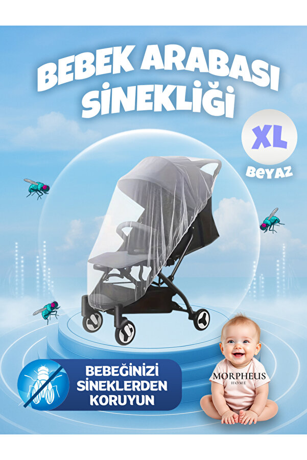 Morpheus Home Beyaz Bebek Arabası Sinekliği Tüm Bebek Arabası & Puset Modellerine Uygun, Lastikli XL Cibinlik