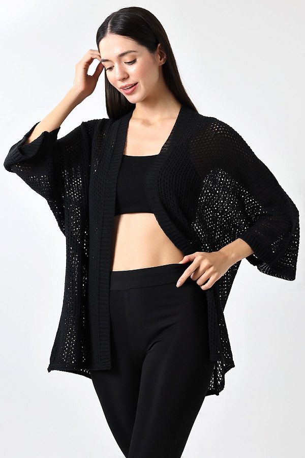 Devinka-Black Oversize Knitwear Cardigan - Spring and Openwork Design 1