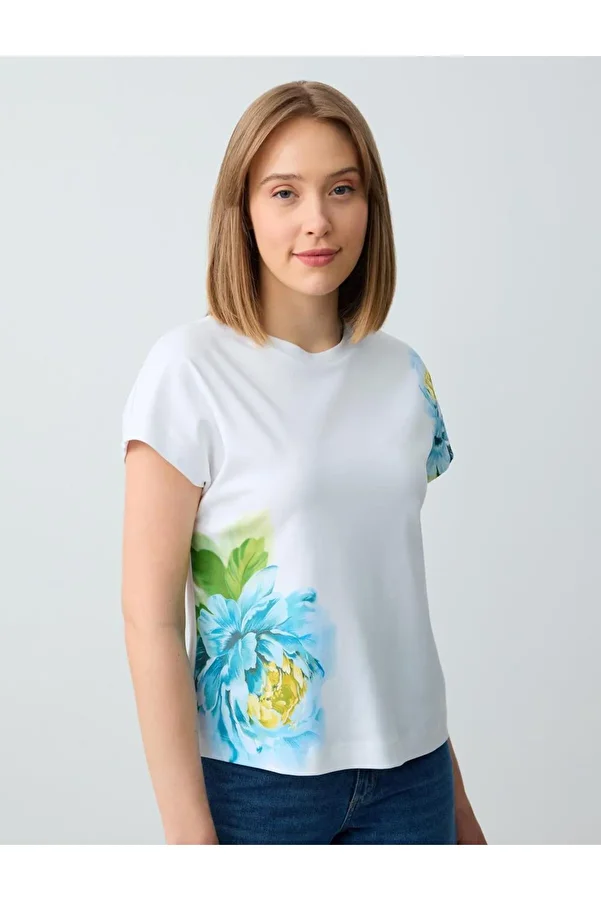 Jimmy Key-Ecru 100% Cotton Patterned Crew Neck Short Sleeve T-Shirt 1