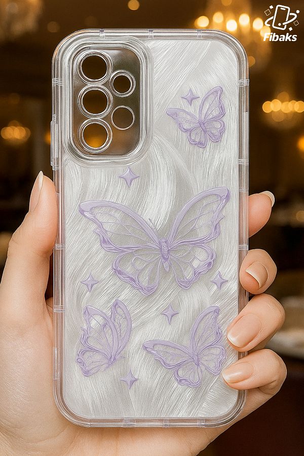 Fibaks-Galaxy A13 - A23 Case Plug-In Camera Protection Glossy Hologram Butterfly Pattern Shock Absorbing Silicone 1