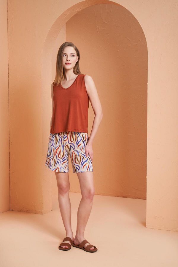 PJS-Set de pijamale pentru femei, cu model de gresie, cu decolteu în V, cu mâneci zero 1