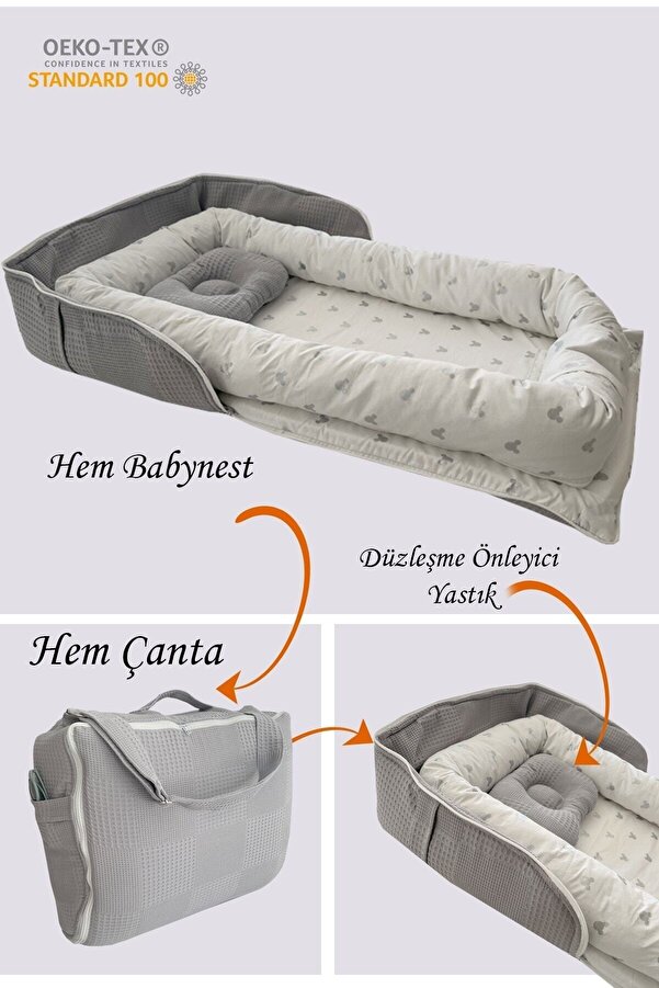Jaju Baby Babynest Gri Waffle Micky Desenli Çantalı Babynest Bebek Çantası Taşınabilir Anne Yanı Yatağı