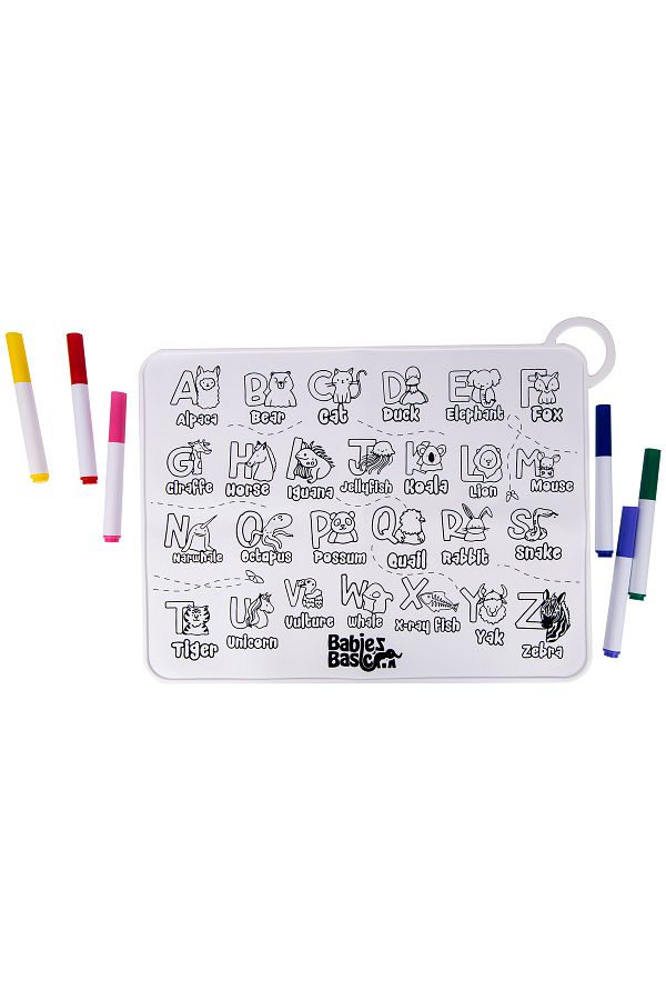 Babies Basic-Reusable Silicone Colouring Mat with Pens and Travel Case - English Alphabet Design 1