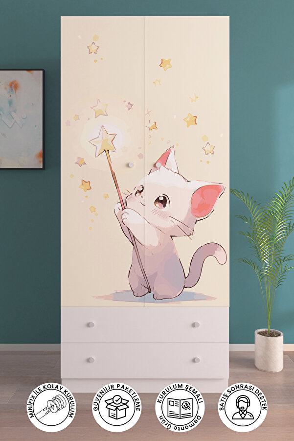 hediye kapında Cosmic Kitty Gardırop 5 Raflı 2 Çekmeceli 2 Kapaklı Askılı Elbise Dolabı-Beyaz