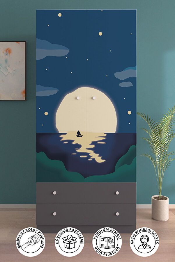 hediye kapında Full Moon Gardırop 5 Raflı 2 Çekmeceli 2 Kapaklı Askılı Elbise Dolabı-Antrasit