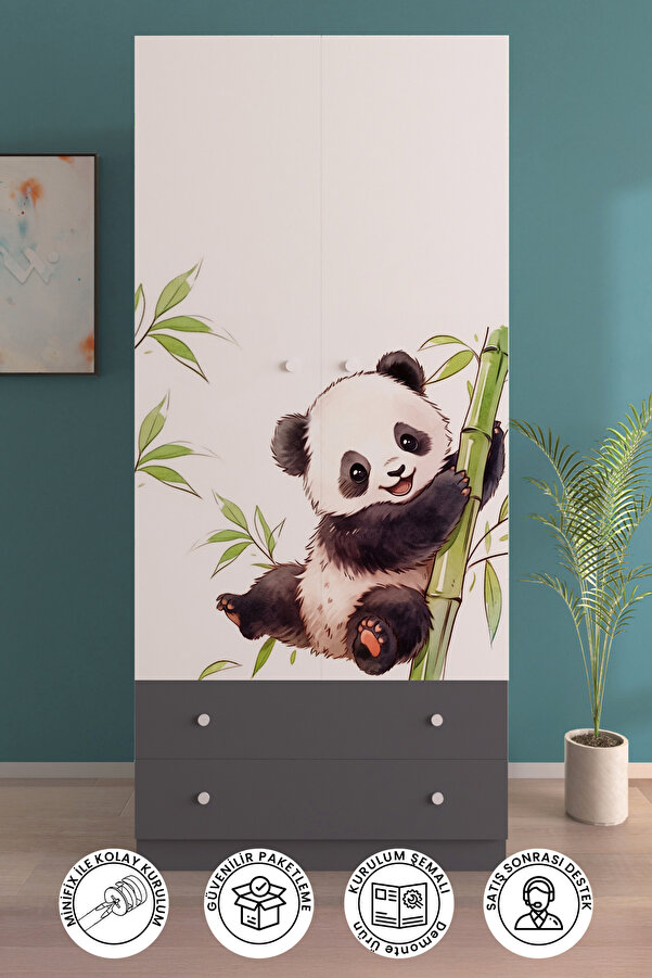 hediye kapında Bamboo Gardırop 5 Raflı 2 Çekmeceli 2 Kapaklı Askılı Elbise Dolabı-Antrasit