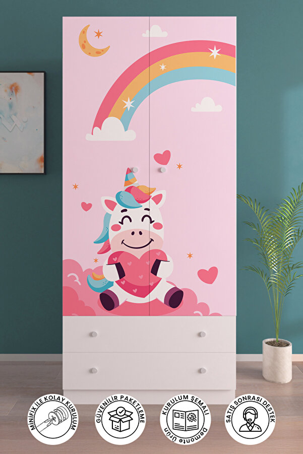 hediye kapında Unicorn Dreams Gardırop 5 Raflı 2 Çekmeceli 2 Kapaklı Askılı Elbise Dolabı-Beyaz