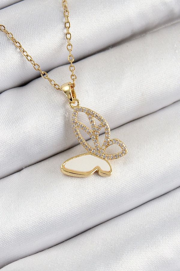 Clariss-316L Steel Zircon Stone Butterfly Model Gold Color Women's Necklace 1