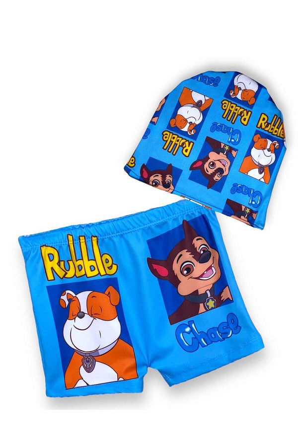 LİTTLE TORTOİSE-Boy's Rabble and Chase Cartoon Character Pattern Sea Shorts Bonnet Set 1